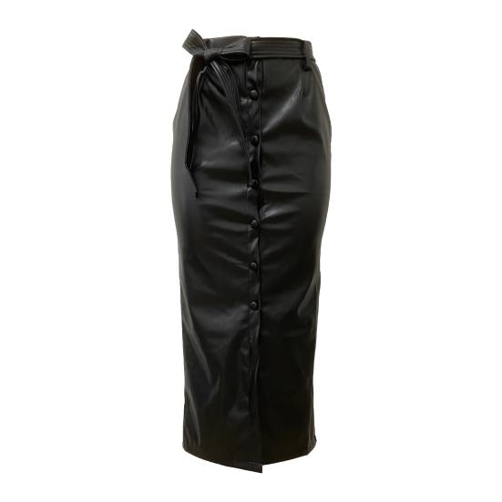 Women Skirt Faux Leather High Waisted Front Slit Hip Wrapped Skirt with Belt Buttons Closure Commuting Street Skirt