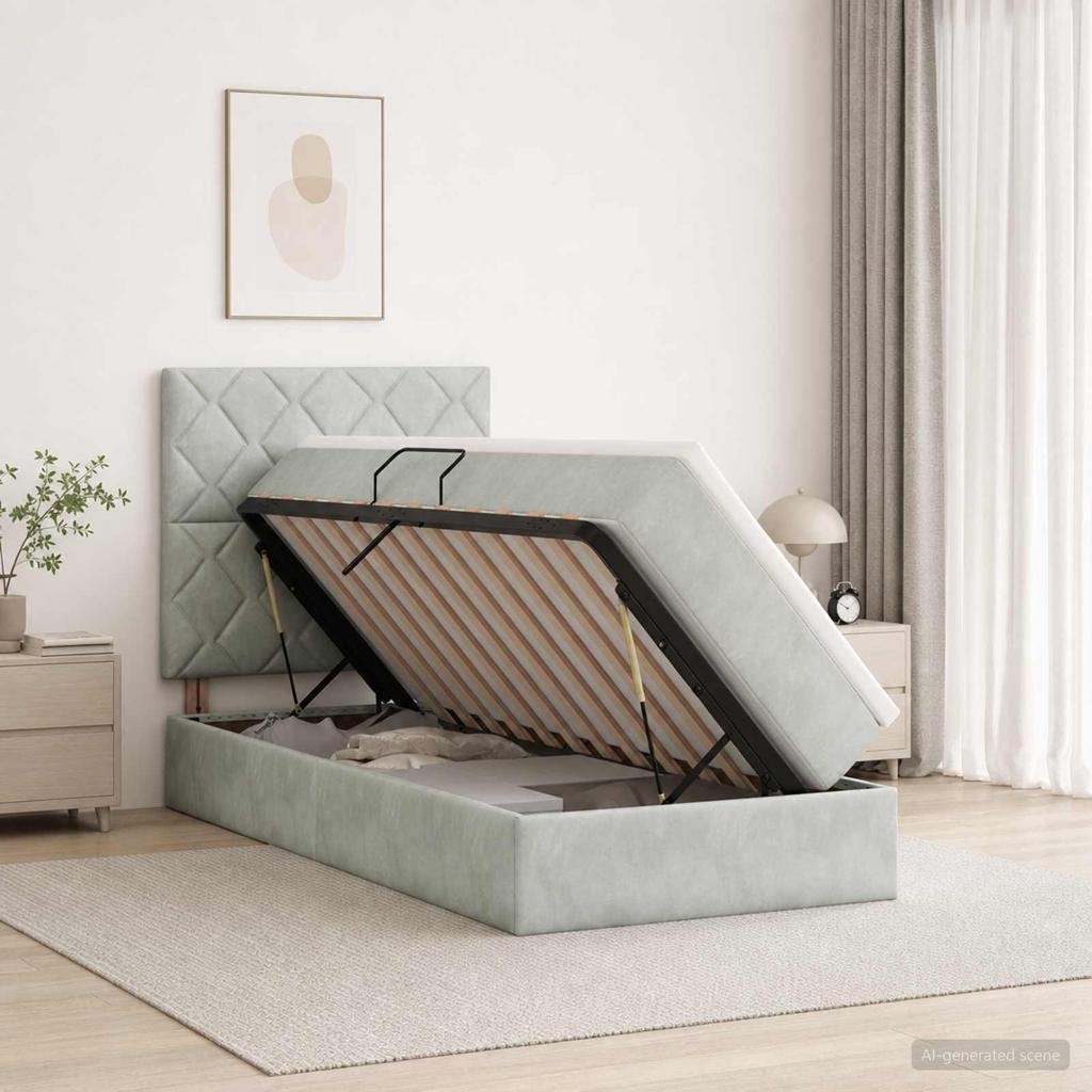 Storage Bed with Mattress Light Grey 90 X 200 Cm Velvet