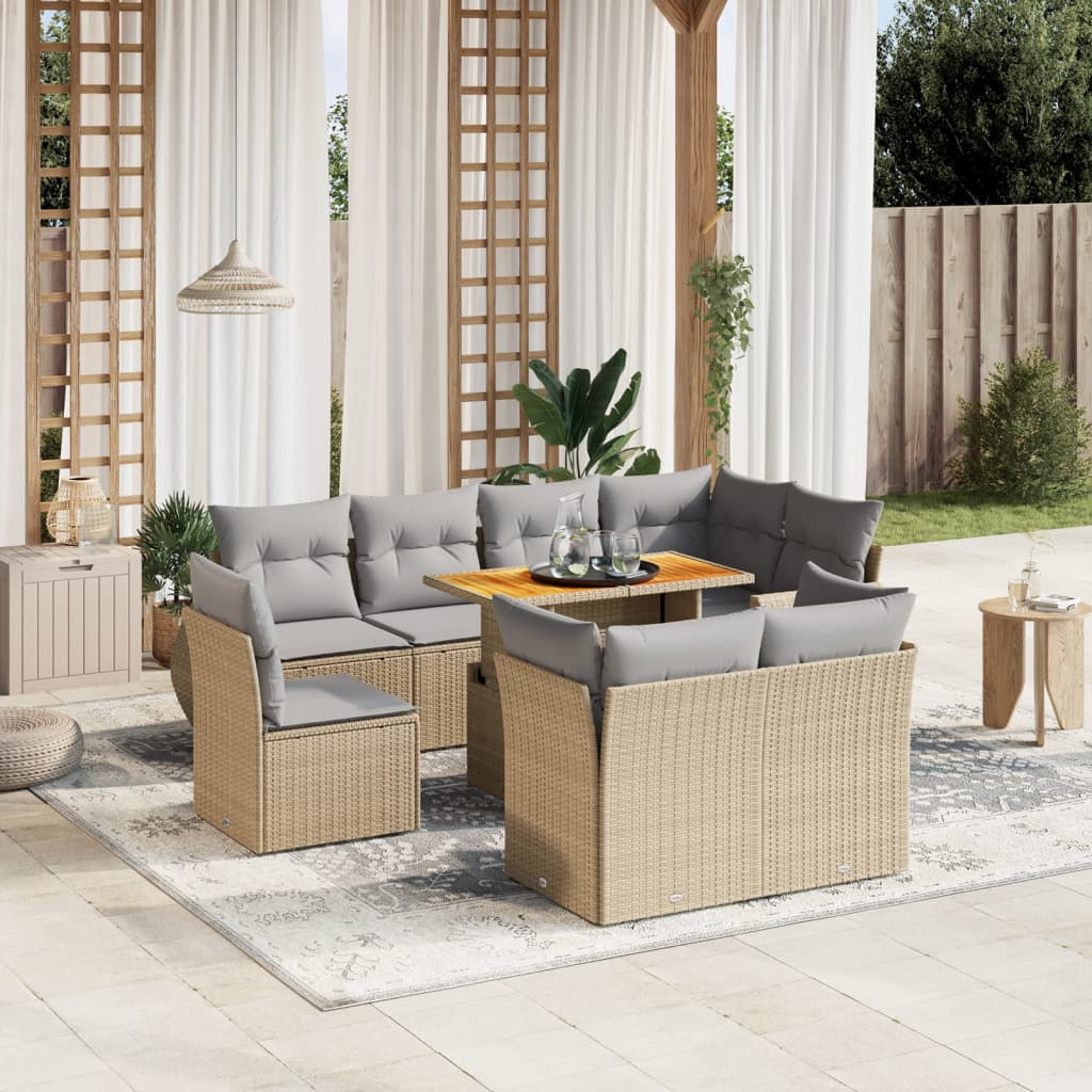 Vidaxl 9-Cz. Garden Furniture Set With Cushions, Beige, Poly Rattan