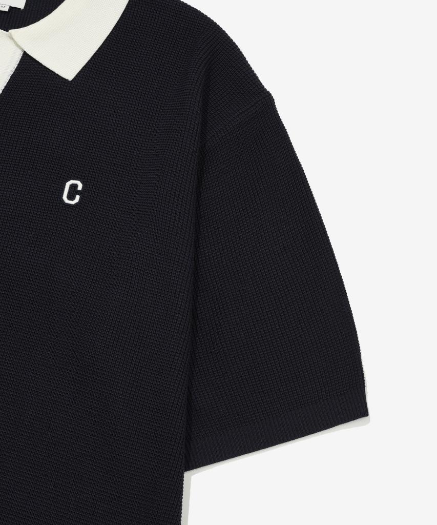 COVERNAT Open Collar Half Knit Navy