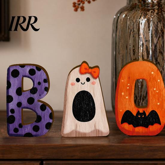 Halloween Ornament 3Pcs/Set Wooden Statues, Letter Bat Pumpkin Ghost with Bowknot Deisgn, Shape Decoration Desktop Ornaments, Holiday