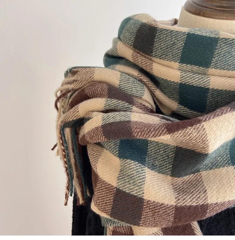 Winter Plaid Scarf for Women Warm Checkered Shawl Soft Imitation Cashmere Neck Warmer Thick Student Wrap Cold Weather