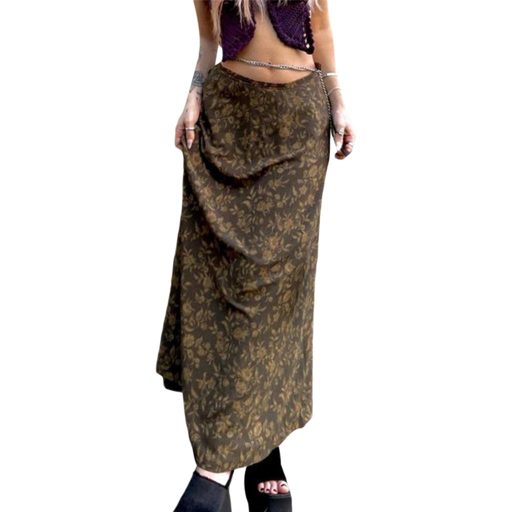 Women Retro Style Skirt, Tawny Leaves Printed Pattern Low Waist Flowy Skirt, S/ M/ L