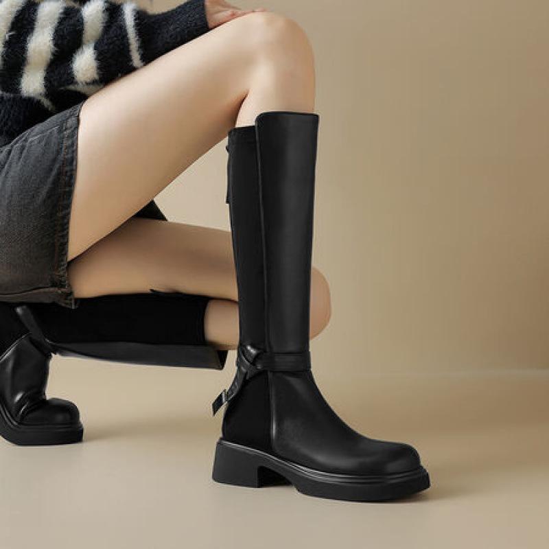 Autumn and Winter Women's Leather High Boots Thick-soled Non-slip Large-size Women's Boots Square Heel Comfortable Rear Zipper New Martin Boots