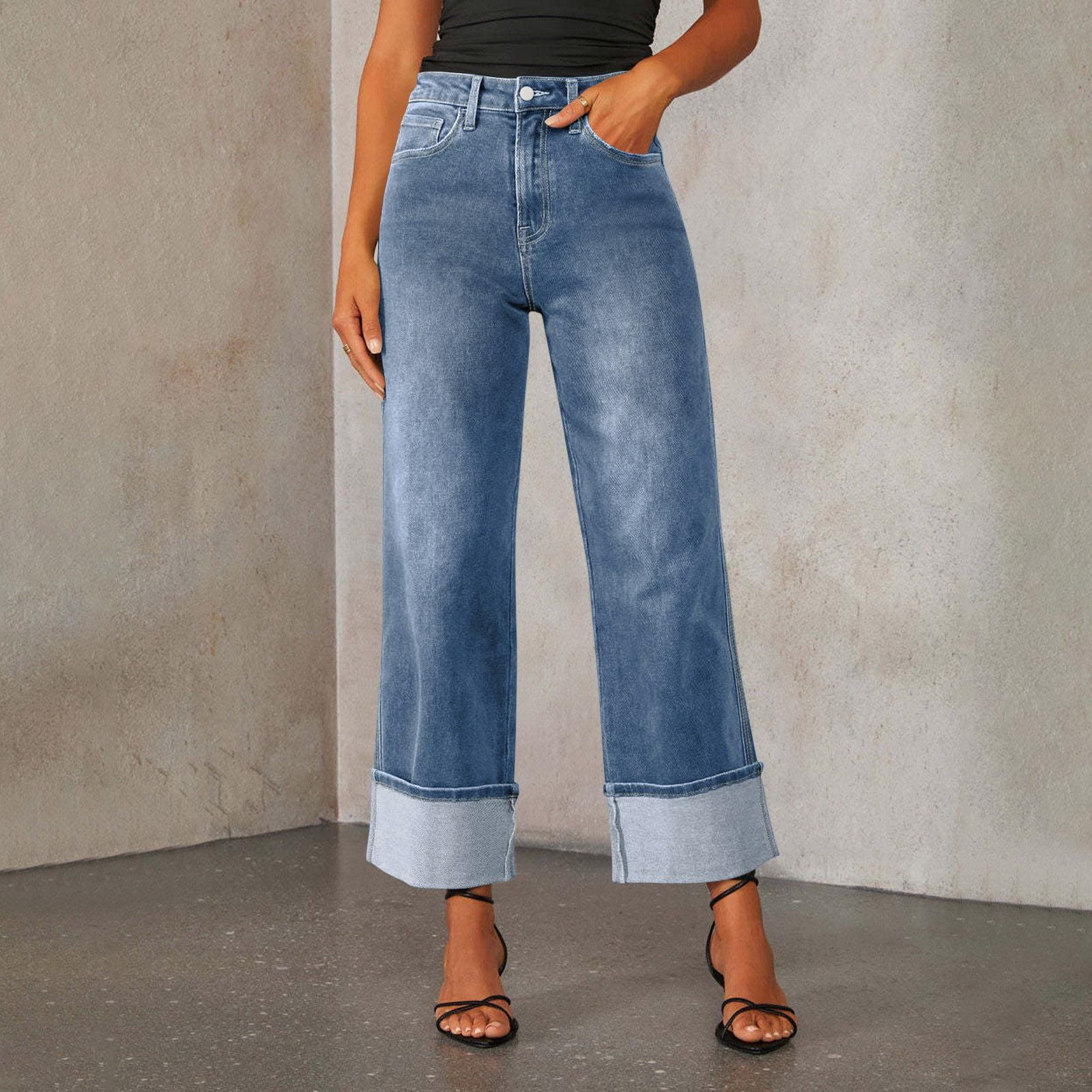 

Women s Fashionable Color Pocket Straight Leg Rolled Edge Jeans L темно-синий
