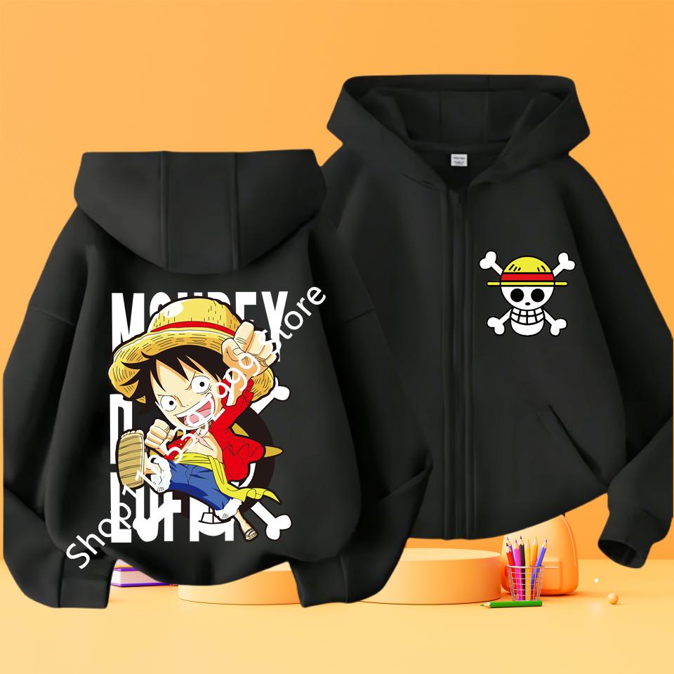2026 Ny Børne Anime One Piece Luffy Lynlås Hættetrøje Jakke 3-12År Afslappet Langærmet Sweatshirt Efterår