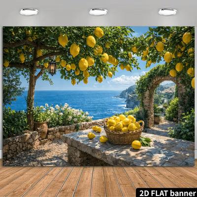 2D Flat Printing Mediterranean Lemon Backdrop, Seaside Party Background