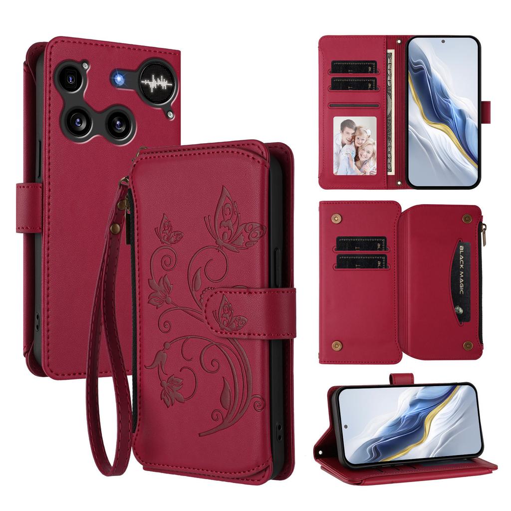 For Nothing Phone (3) 5G Leather Case Butterfly Floral Imprint Zipper Wallet Stand Cover with Wrist Strap