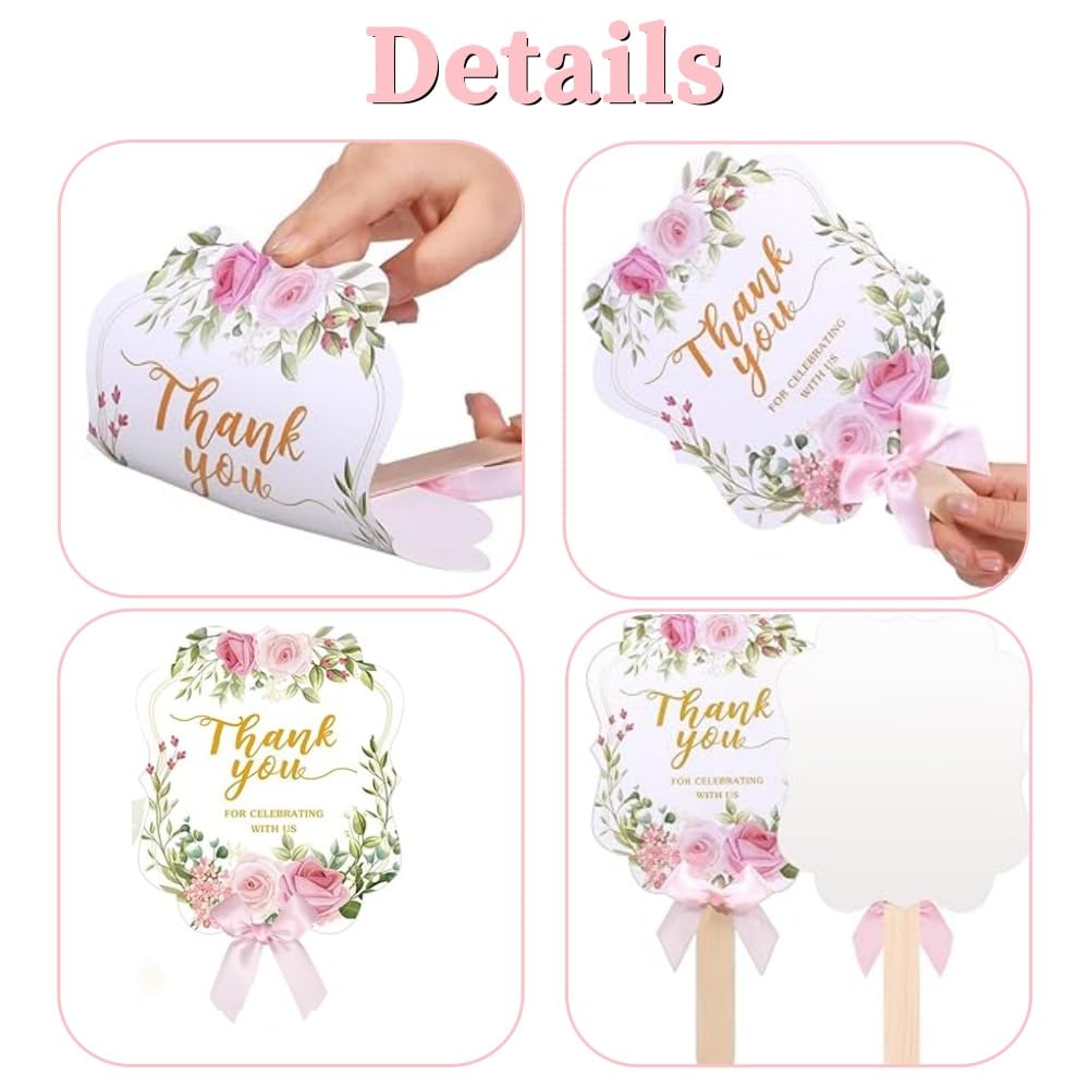 50 Evantaie de Nuntă pentru Evantaie de Mână Personalizate Florale Roz cu Mâner Elegant din Lemn Weeding Petrecere de Nuntă Esențiale pentru Petrecerea Miresei Oaspeți, Evantaie, Vrac,