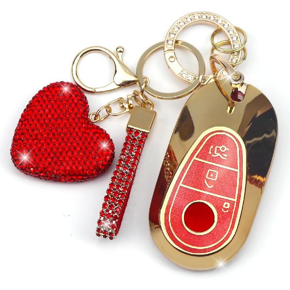 Key Fob Cover with Diamond Keychain Car Key Holder Case Compatible with - Benz S-Class G-Class E-Class Smart Remote Key Protector for Women, 3