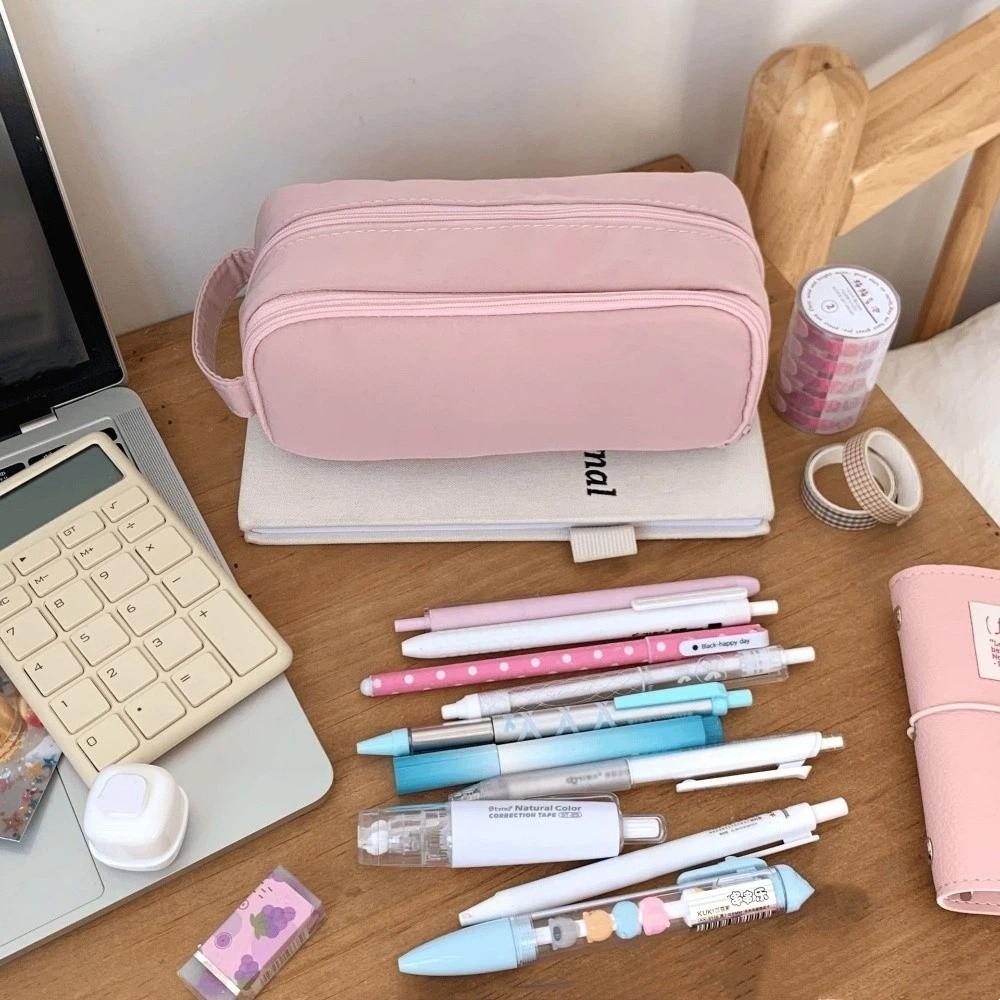 Pink Cloth Multilayer Pencil Case Desktop Storage Solid Color Pencil Pouch Stationery Holder