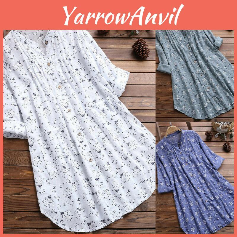 Elegant Women V-neck Long Sleeve Flower Print Linen Shirt Ladies Casual Loose Blouse Top