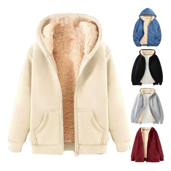 Fleece Thickened Hoodies Women Solid Color Zip Up Warm Lined
