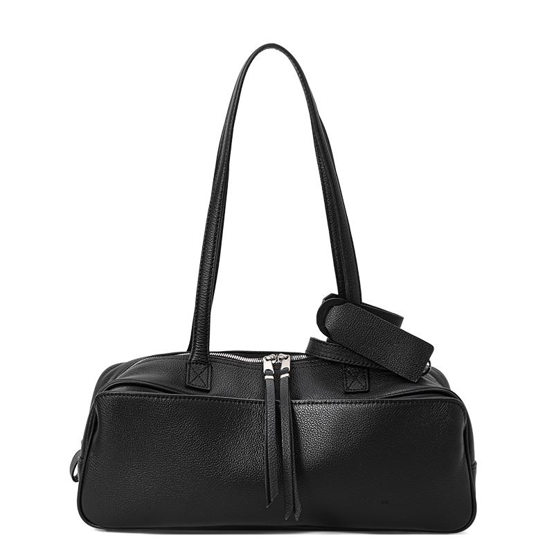 Genuine Cowhide Leather Women's Storage Handbag, Shoulderbag, Lightweight Commuting Bowling Bag, Cylindrical Pillow Bag