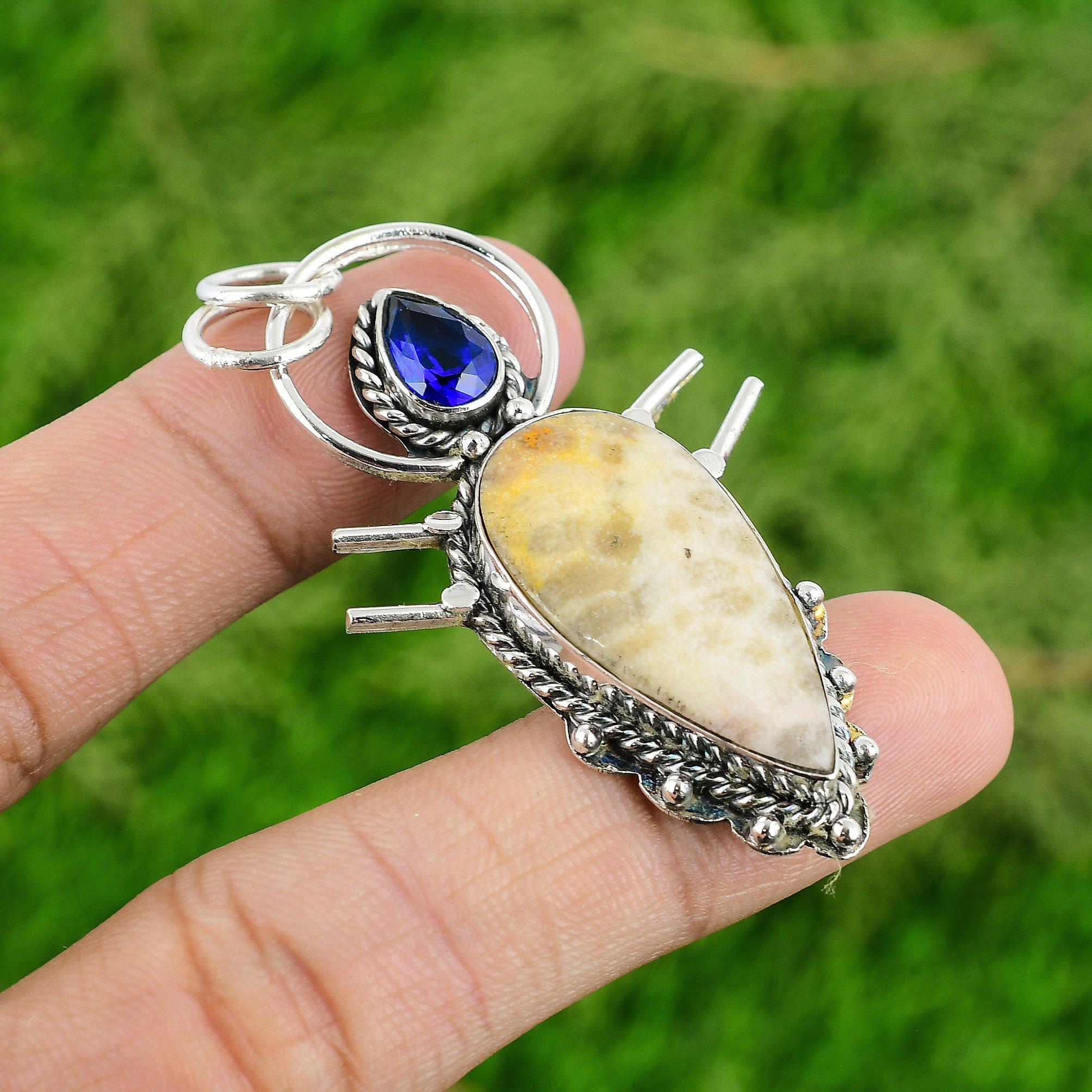 

Natural Fossil Coral Tanzanite Quartz Bezel Pendant Jewelry 925 Sterling Silver