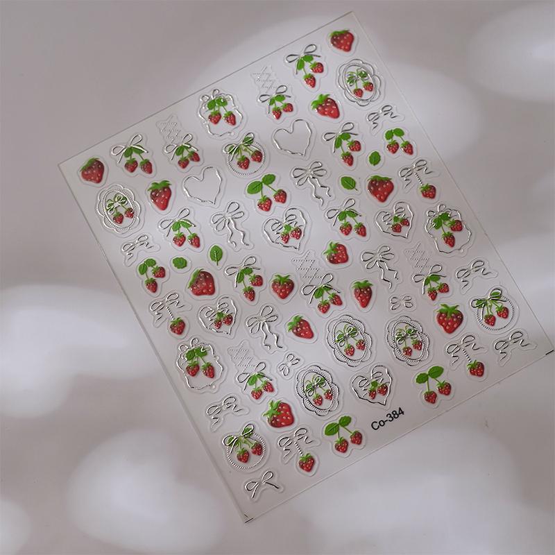 1 Sheet Chic Self Adhesive Manicure Decal Lovely Red Fruit Strawberry Bowknot 5D Nail Art Stickers Diy Accessories