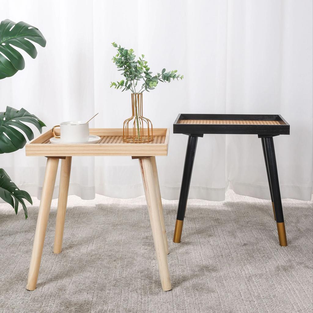 Rechteckiger Beistelltisch für kleine Räume, Beine aus Massivholz und Nachttisch aus Rattan, moderner Beistelltisch für Schlafzimmer, Büro, Wohnzimmer, der Tisch