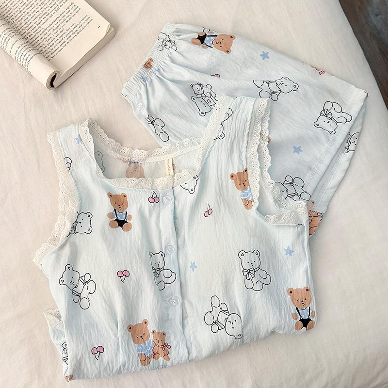 With Chest Pad Vest Shorts Pajamas Women's 1011 New Summer Cloud Cotton Sweet Cartoon Lace Loungewear Set