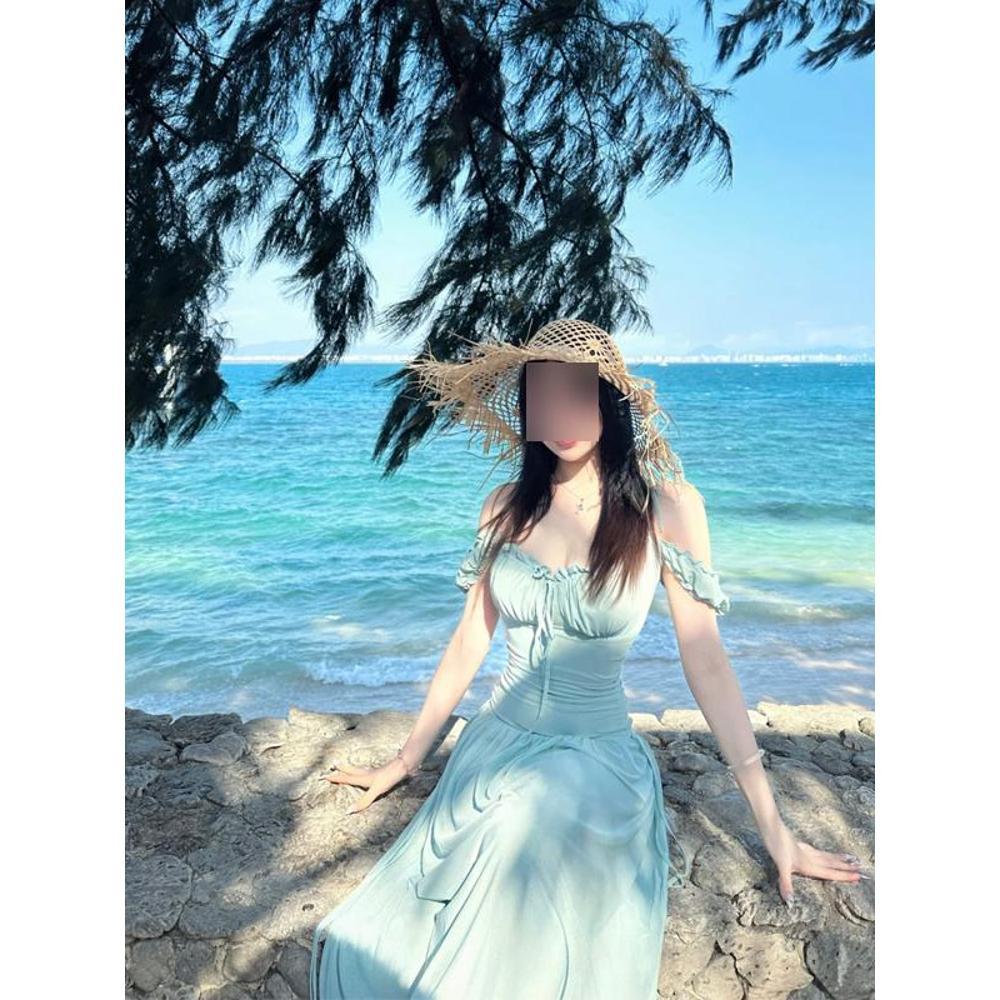 French Seaside Vacation Style Temperament Waist Thin Mesh Dress Women's Gentle Square Collar Summer Mint Green Dress