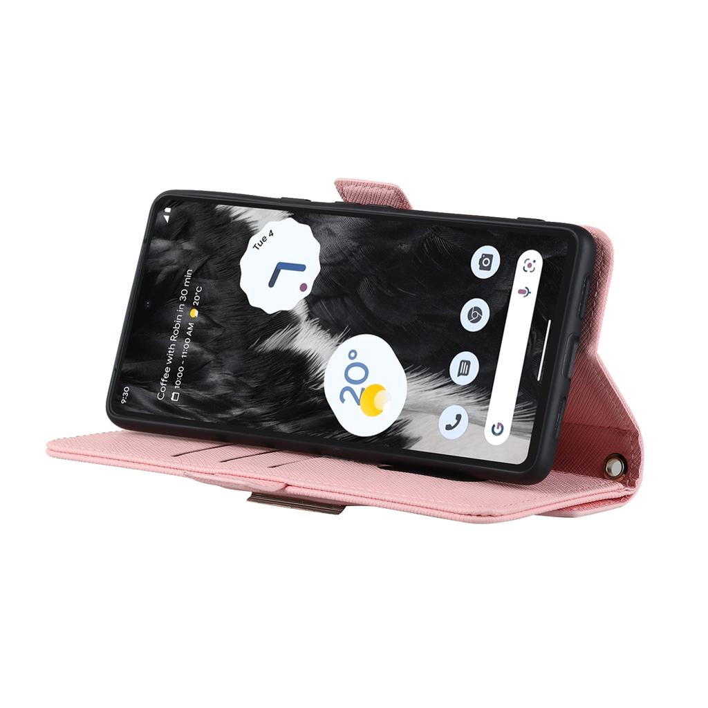 For Google Pixel 7 5G Stand Case Cross Texture PU Leather Wallet Phone Cover with Shoulder Strap/Makeup Mirror