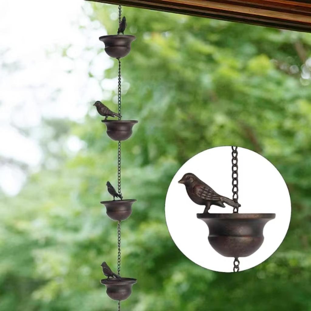 4/6/8Pcs Mobile Birds on Cups Rain Chain Garden Outdoor Courtyard Iron Art Decoration Retro Metal Pendant Crafts Rain Chain 1set