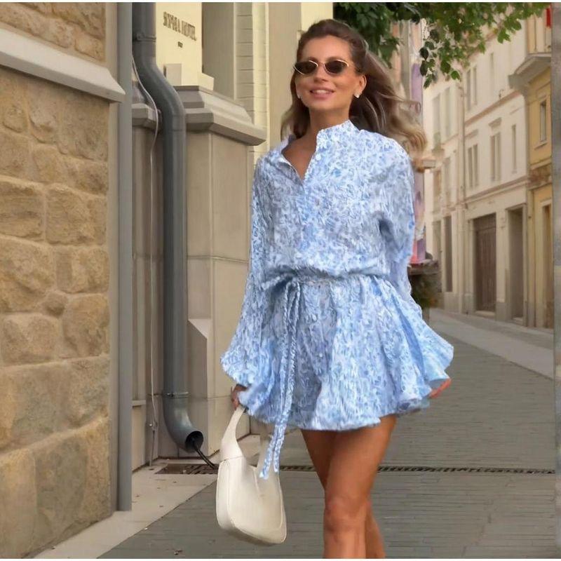 2025 Summer New European and American Foreign Trade Cross-Border Women clothes Floral Single-Breasted Sexy Lace-up Slim fit Short dress Dress
