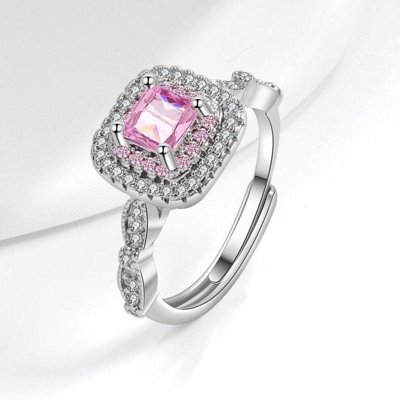 Women Pink Moissanite Micro Pave Square Sugar Wide Band Open Ring Fashion Colored Gemstone Jewelry adjustable opening