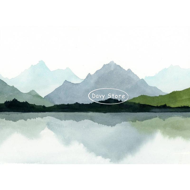 Misty Forest Mountain Lake River Watercolor Landscape Neutral Poster Canvas Printing Minimalist Wall Art Picture Home Room Decor