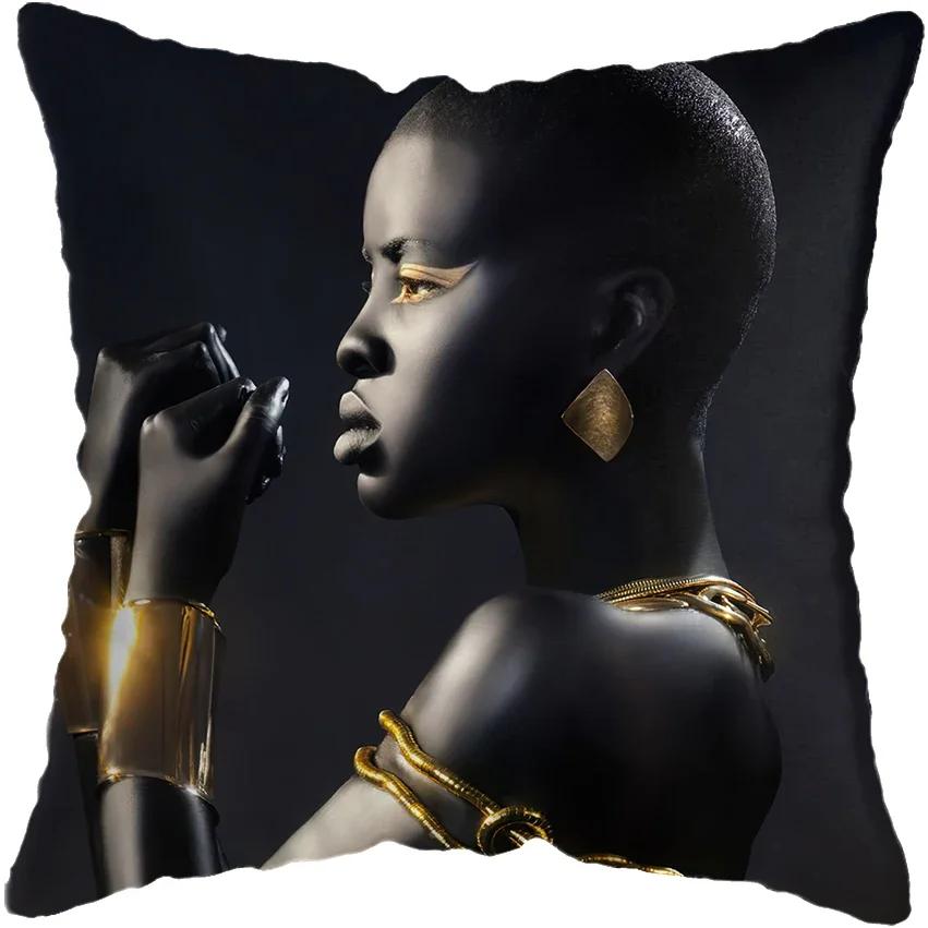 45*45CM Modern Living Room Black Gold African Lady Woman Style Look Art Deco Sofa Pillowcase Cushion Cover