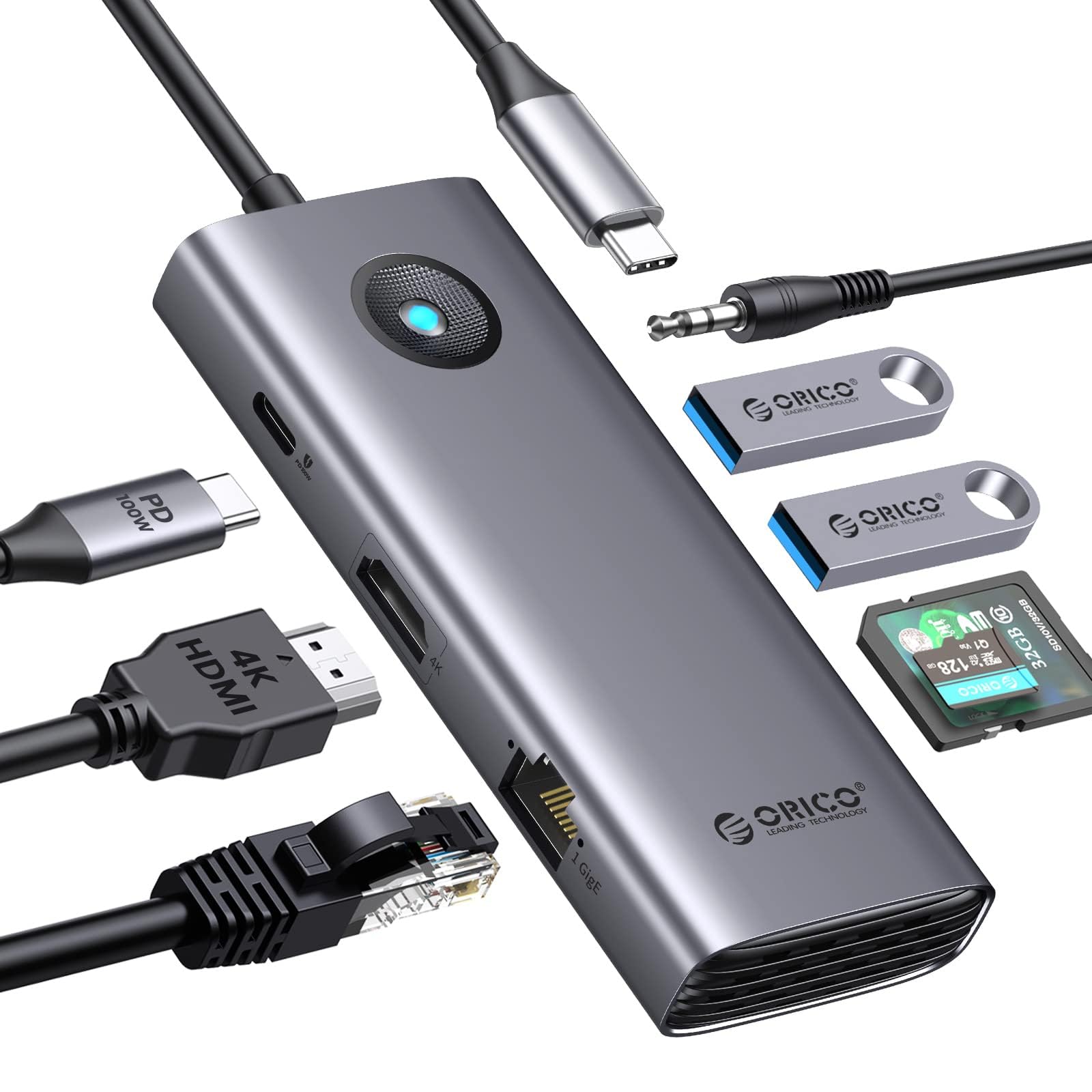 

ORICO USB C Хаб с 2 USB HDMI 100W PD 1Gbps Картридер Аудио и 5Gbps Адаптер для передачи данных для и Других и ПК 8-в-1 3.0 Порты, 4K@60Hz Порт, Зарядка,