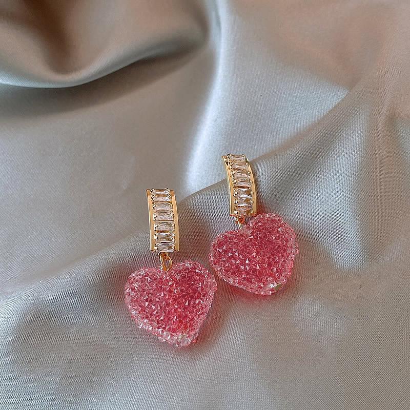 New Arrival Trendy Lovely Pink Heart Dangle Earrings For Women Fashion Cute Sweet Crystal Jewelry Girl Gifts