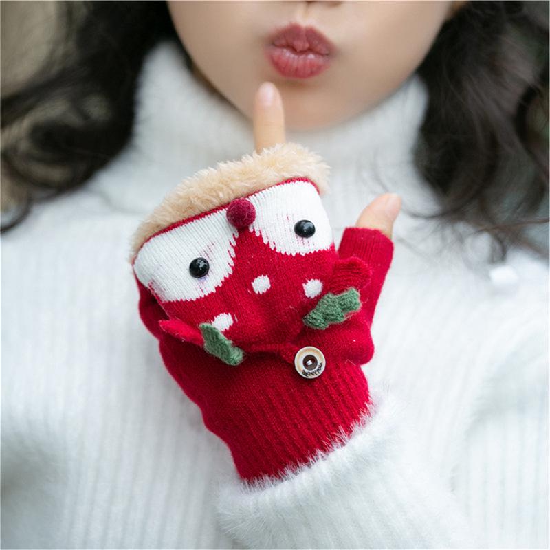 Children's Winter Cartoon Reindeer Flip-Top Half-Finger Gloves, Ages 4-10, Boys & Girls, Plus Velvet, Thick Cotton, Warm.