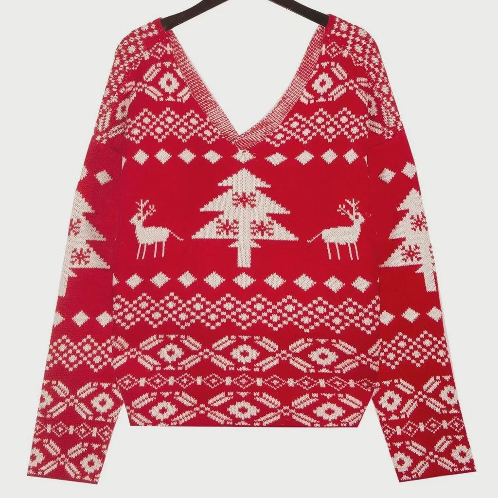 Women's Wool Christmas Snowflake V-Neck Cardigan - Double-Sided, Irregular, Backless, Off-Shoulder, Long-Sleeved Sweater