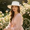 Vintage Photoshoot Prop Wide Brim Wool Felt Hat for Women, Flat Top Fedora Woolen Accessories Autumn with Faux Pearl Trim, Elegant Winter Cap Fashion