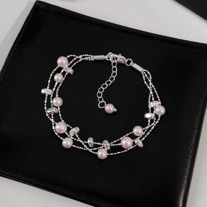Elegant Pearl Bracelet Women Minimalist Geometric Design Stackable Pink Tone Lightweight Luxury Everyday Jewelry