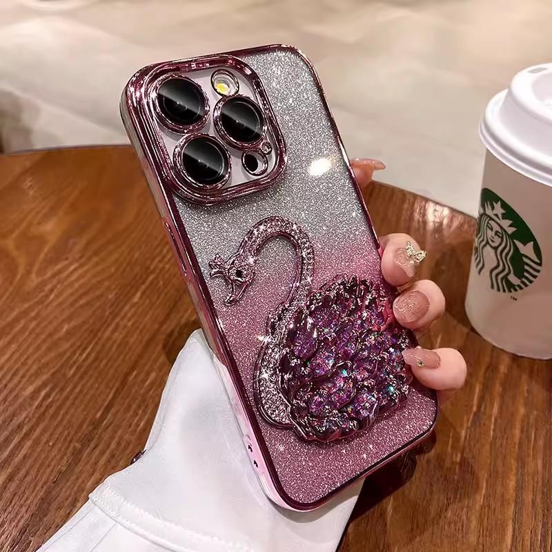 Glitter Pink Diamond Swan Suitable for Apple 16Pro Gradient Phone Case IPhone 15 Anti-fall Lens Film 14 Protection Case