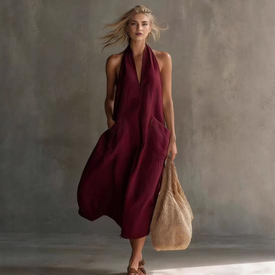 Summer Dress for Women Casual Deep V Neck Halter Sleeveless Long Dress Beach Vacation Flowy A-line Dress with Pockets