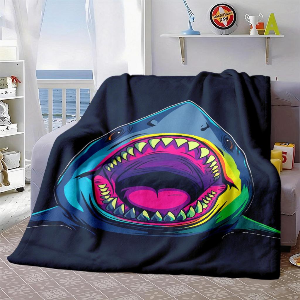 2026 New Arrivals 1pc Vibrant Fantasy Shark Flannel Throw Blanket - Digital Print, Soft Polyester, Machine Washable, Multi-Use for Couch, Travel, AC -