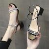 Sandals fairy fairy wind 2025 new rhinestone word with thick heel Roman high heels Internet celebrity two wear summer women's shoes