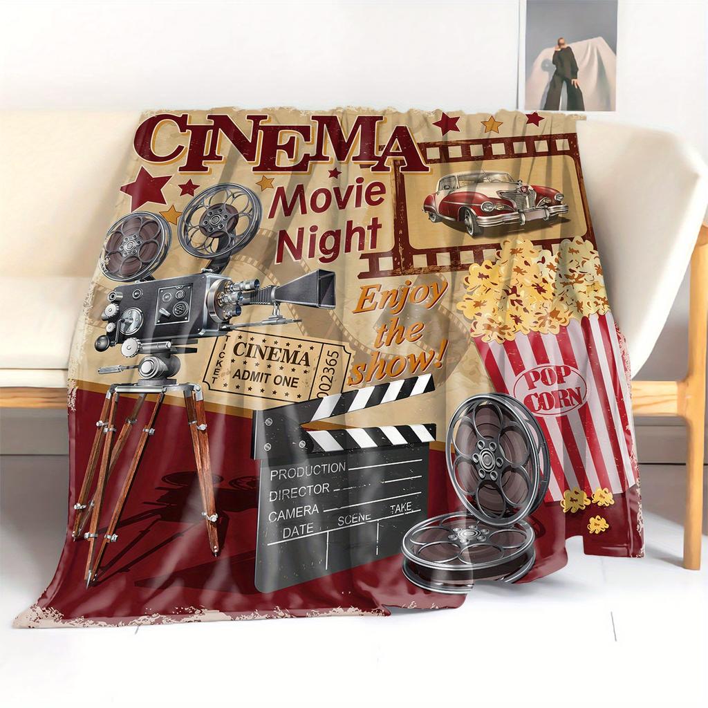 Movie Theater Elements Flannel Blanket - Popcorn & Retro Projector Print | Soft Comfortable Throw for Bed Sofa Office Camping