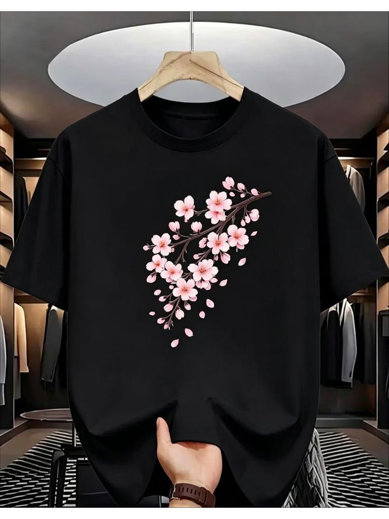 Unisex Navy Crew Neck Tee Cherry Blossom Flower Print Oversized Short Sleeve Unisexs Summer Streetwear Casual Daily Basic Wear Top