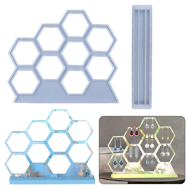Top Quality Storage Silicone Mold Hollow Hexagonal Earring And Pendant Display Hanging Stand With Bottom Base Silicone Mold