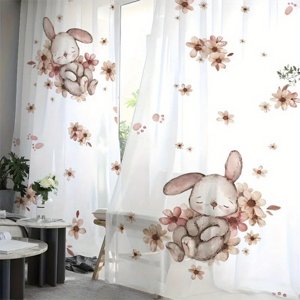 2PCS Cartoon Sheer Curtains, Bunny Brown Flower, Digital Print, Bedroom Living Room Kitchen, Rod Pocket Polyester, Home Decor