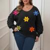 A Large-sized Women's Sweater with Pineapple Sleeves and A Deep V Base Layer, A Three-dimensional Woolen Embroidered Flower Patchwork Pullover
