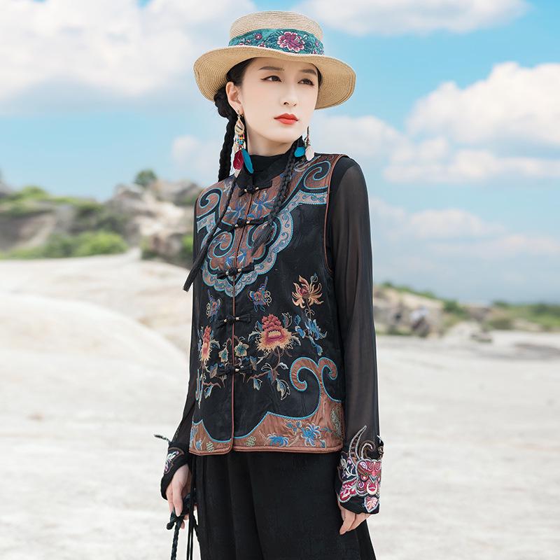 

Весенний этнический кардиган-жилет без рукавов с вышивкой, застежками-лягушками и воротником-стойкой для женщин XXL чёрный