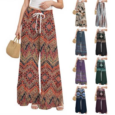 Women's Printed Wide Leg Pants With Pockets High Waist Drawstring Loose Casual Pants