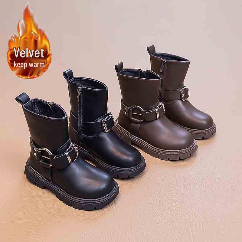 2026 Girls' Two-Layer Leather Winter Boots: Fashionable, Versatile, Warm Short Boots for Middle and Big Kids