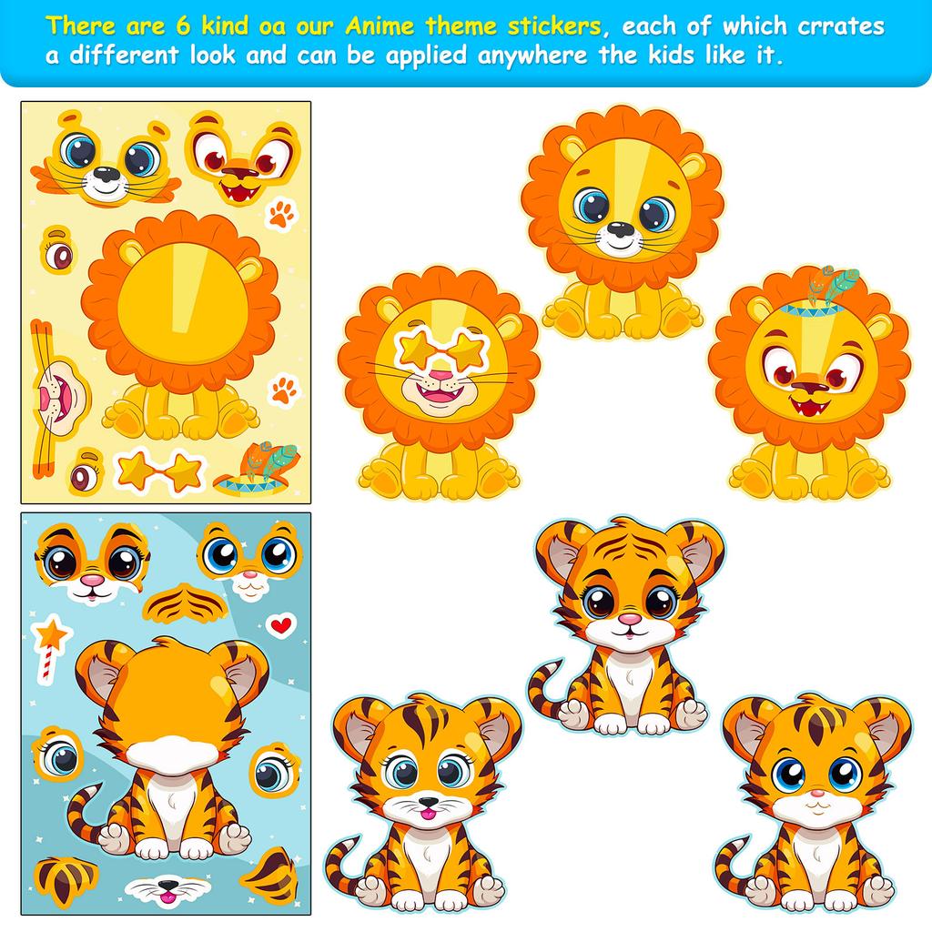 6/12sheets Cartoon Animals Make A Facial Puzzle Stickers Adorable Elephant Tiger Turtle Assemble Jigsaw Stickers Children Instructive Playthings