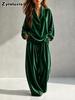Autumn Winter New Elegant Comfortable Velvet Stand Collar Top with Casual Pants Set for Women