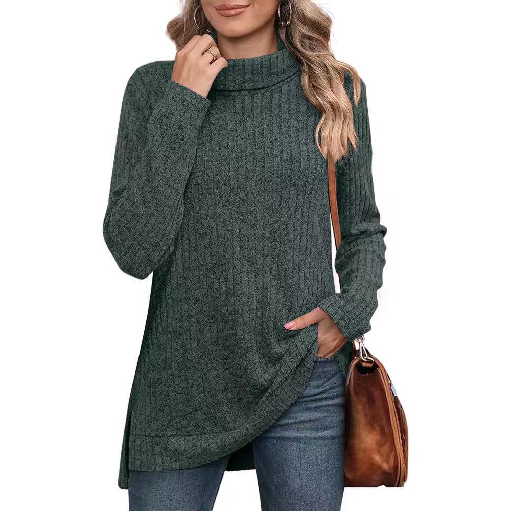 Women's High Collar Split Hem Solid Color Casual Stripe T-Shirt - Autumn/Winter 2023 Collection